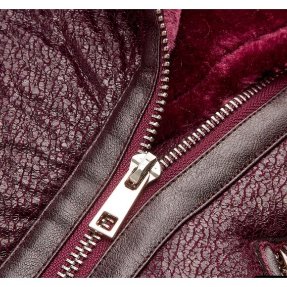 Womens Burgundy Faux Leather & Fur Biker Jacket - Picture 6 of 9